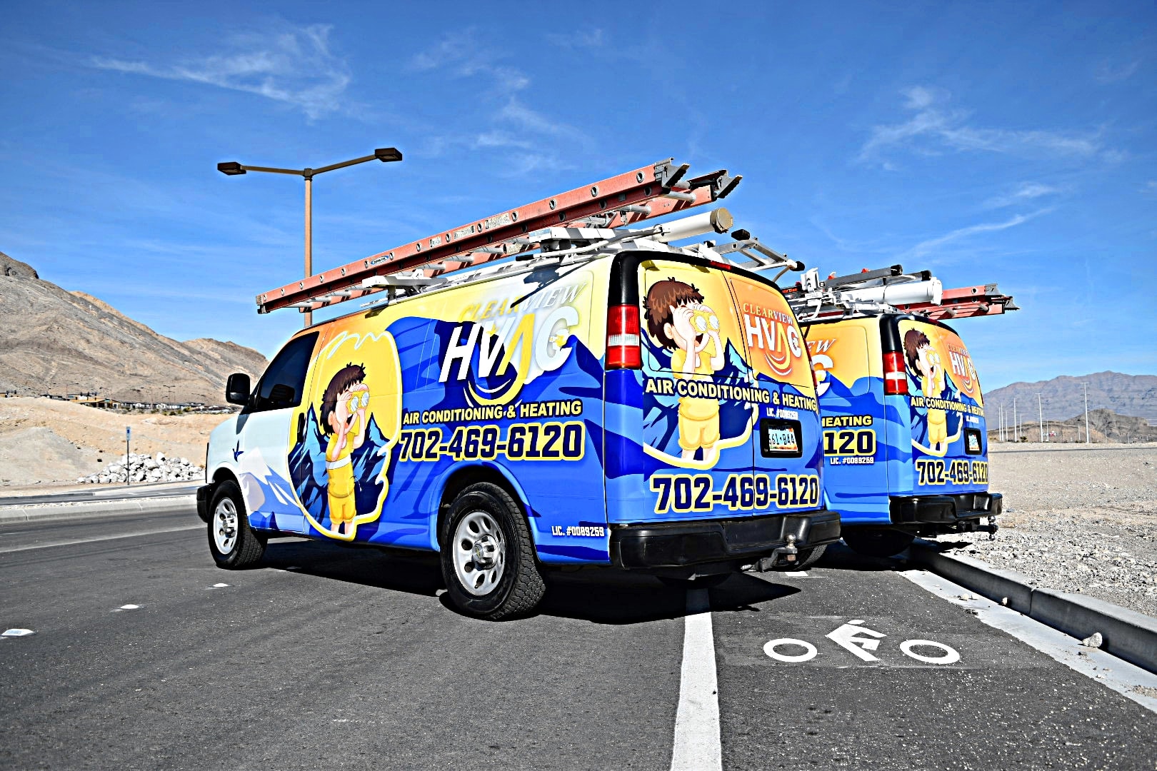 ClearView HVAC branded fleet vans — fully wrapped and growing